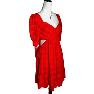 Cinq à Sept Red Puff Sleeve Babydoll Mini Dress M Mediterranean Vacation‎ Resort thumbnail 2