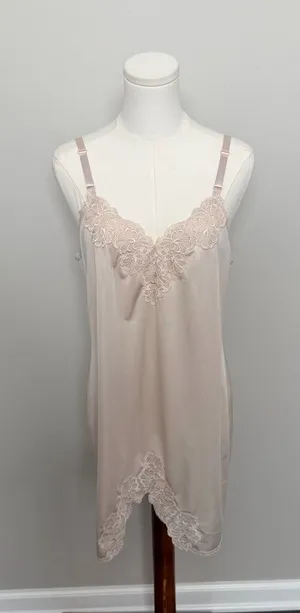 Vintage Slip Nighty Dress Mini Embroidered Flower Trim Nude Beige Blush Pink thumbnail 1