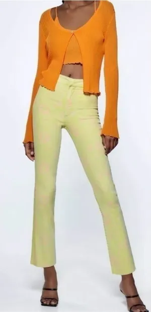 ZARA Green & Pink Floral Print Flare Cropped‎ Stretch Denim Jeans Y2k Size 4 thumbnail 1