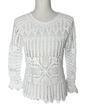 White Crochet Knit Sweater Top Long Sleeve Size S Boho Coquette boho coastal thumbnail 1