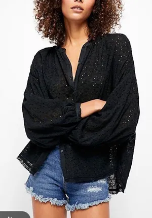 Free People Black Eyelet Button-Down‎ Peasant Blouse medium thumbnail 1