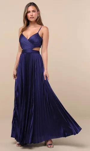 NWT Lulus Got the Glam Navy Blue Pleated Cutout Maxi Dress Wedding Bridesmaid S thumbnail 1