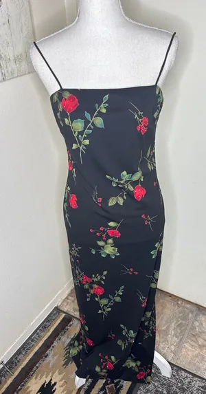 VTG 90s Arianna by Rachel Kaye Black Rose Maxi Dress Whimsygoth Column Slip 4P thumbnail 1