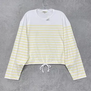Madewell Top Womens Large Striped Drawstring Hem Cotton Tee Yellow White NZ385 thumbnail 2