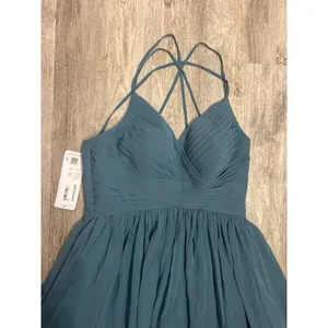 Azazie Jeanna Bridesmaid Dress Bermuda Blue Chiffon Pleated Strappy Back A8 NEW thumbnail 6