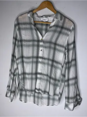 Bella Dahl Tencel Long Sleeve White‎ Green Plaid Button Down Collar Shirt Small thumbnail 1