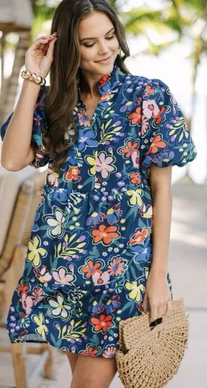 Shop The Mint When You Know Navy Blue Floral Babydoll Mini Dress Size XL thumbnail 1