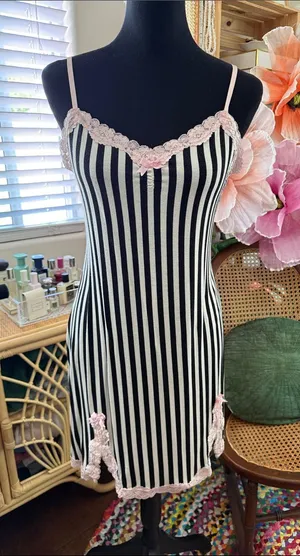 Betsey Johnson Pink & Black Striped Lace Trim Whimsigoth Fairy Mini Slip Dress thumbnail 1