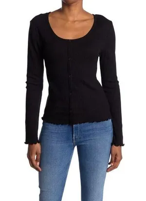 ABOUND Womens Black Solid Button Front Pointelle Knit Top Long Sleeve thumbnail 1