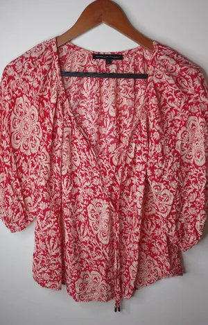 Marina Luna L Boho Coastal Red White Peasant Crop Top thumbnail 1