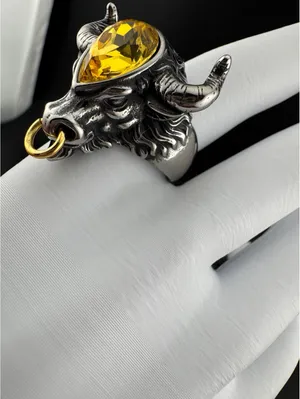 Zircon Inlaid Ox Head Men's Stainless Steel Ring Size 11 thumbnail 3