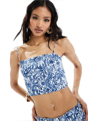 Abercrombie & Fitch Crinkle Textured Squareneck Cropped Tank - Blue Floral - XS thumbnail 1