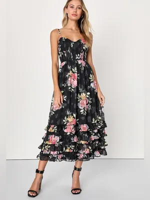 Lulus Elegant Radiance Classic Black Floral Print Ruffled Bustier Midi Dress M thumbnail 13