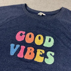 Wildfox Sweatshirt Womens XL Blue Crewneck Raglan Good Vibes Graphic Pullover thumbnail 2