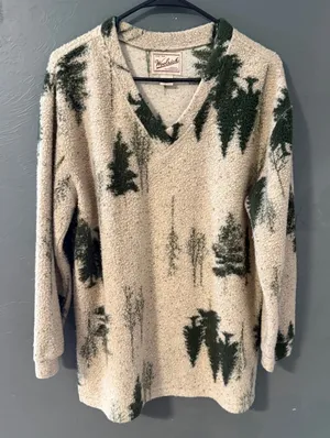 Woolrich Vintage Pine Tree Sherpa Fleece Pullover V-Neck Cream Green Womens S thumbnail 1