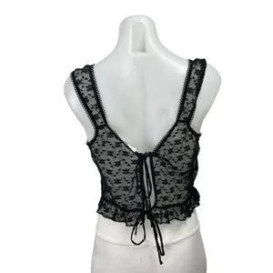 Victoria + Sophia Black Floral Lace Sleeveless Ruffle Sheer Crop Tank Top Size L thumbnail 3