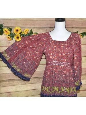 Angie Dress Womens Size L Floral Boho Puff Bell Sleeve Midi Smocked Lace thumbnail 9