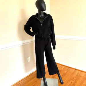 Knit Loose Set Mock Neck Blouse High Waist Flare High Rise Pants Cardigan Winter thumbnail 3