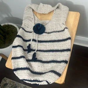 Handmade knitted bag, blue and cream Hobo Beach Slouchy festival thumbnail 2