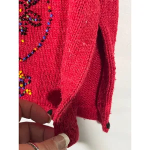 IVY Vintage Beaded Knit Sweater Vest Womens M Red Floral Whipstitch V-Neck Artsy thumbnail 5