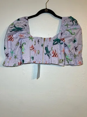 Hill House The Isabella Sea Creatures Lavender Puff Sleeve Crop Top size small thumbnail 2