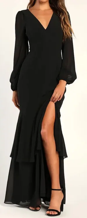 NWT Lulus Size XS Tier Elegance Black Long Sleeve Tiered Maxi Dress Formal Glam thumbnail 1