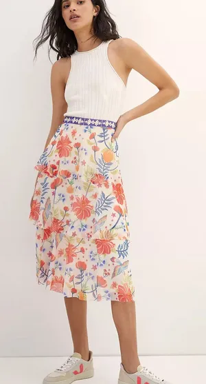 Farm Rio X Anthropologie Tiered Midi Skirt Women Small Cream Tropical Floral NWT thumbnail 1