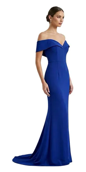 Bariano Australia Off Shoulder Sweetheart Neck Dress Gown With Train Blue Size 4 thumbnail 1