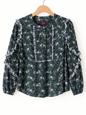 J.Crew Green Ditzy Floral Ruffle Trim Button Front Yolk Long Sleeve Blouse Small thumbnail 4