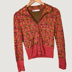 Zara Womens Cactus Floral Knit Cardigan Pink Orange Small Long Sleeve Button Top thumbnail 2