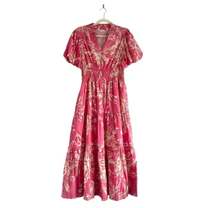 Jodifl Pink Floral Maxi Dress Puff Sleeve Sz Small Tiered Boho Cottage core chic thumbnail 2
