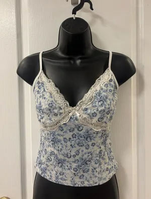 Garage Y2K Coquette Corset-Style Bow Lace Trim Blue Floral Mesh Cami Fairy Core thumbnail 1