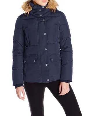 Tommy Hilfiger Navy Puffer Jacket with Faux-Fur Trim Hood thumbnail 1