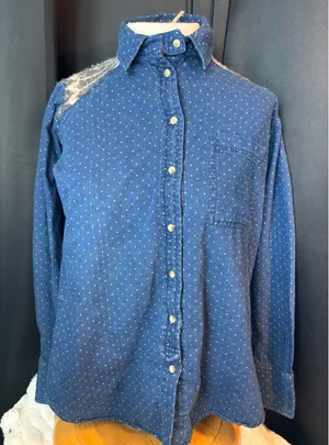Free People Polka Dot Denim Button Down Shirt Fair Isle Knit Yoke Blue western thumbnail 1