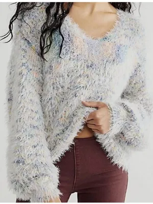 Free People Balloon Sleeve Fuzzy Gelato Pullover Sweater Pastel Size S thumbnail 1