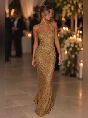 Vintage 90s Sean Collection Silk Beaded Evening Gown – Gold – L thumbnail 4