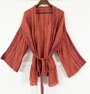 Free People Womens XS/S Tie Dye Kimono Jacket Cotton Gauze Belted Boho Rust thumbnail 1