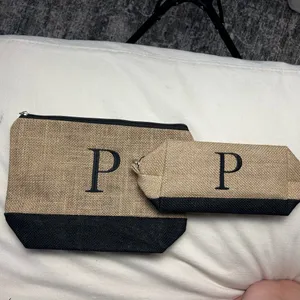 “Monogrammed Burlap/Jute Cosmetic Makeup Travel Zipper Pouch Set Brown Black” thumbnail 4