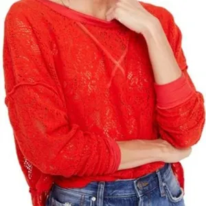 Free People‎ Orange Red Floral Eyelet Not Cold In This Top thumbnail 3