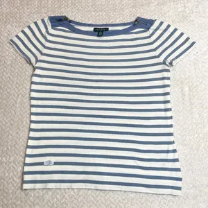 Ralph Lauren Lauren‎ Jeans Co Blue cream striped Knit Top Zip accent Sleeve Shirt women SZ S thumbnail 1