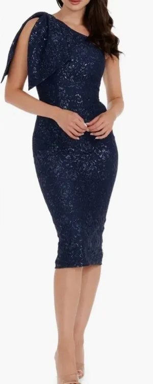 NWOT DRESS THE POPULATION Tiffany One-Shoulder Midi Lace Dress Navy S thumbnail 1