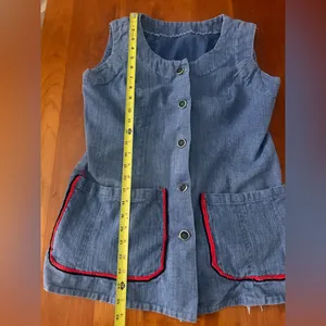 Vintage 70s blue button up vest red trim front pockets Handmade Small thumbnail 5