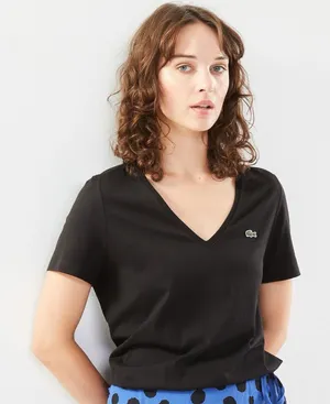 Lacoste Black Short Sleeve V Neck Shirt Minimalist Preppy Coastal Logo Y2K thumbnail 1