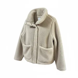 Old Navy Women's Tan‎ Teddy Fleece Jacket Size S Snap Button Collar Cozy cropped thumbnail 2