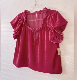 Free People Velvet Barbiecore Pink Puff Sleeve Terese Blouse thumbnail 1