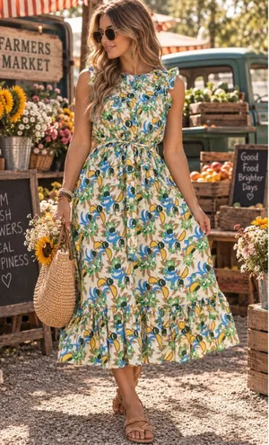 NWT Retro‎ Fruit Print Midi Dress Ruffle Flutter Sleeve Tie Waist M TulipB thumbnail 1