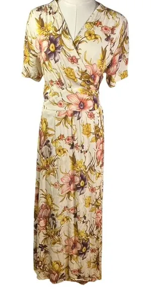 Anthropologie Tiny Floral Wrap Maxi Dress Ivory Multi Color‎ Womens Medium Boho thumbnail 1