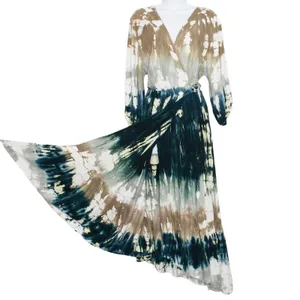Young Fabulous Broke Dress Tie Dye Faux Wrap Maxi Balloon Sleeve Festival Boho L thumbnail 3