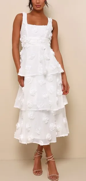 NWT Lulus Exceptional Entrance White Sleeveless Tiered Rosette Midi Dress Size S thumbnail 1