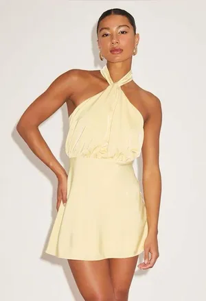 LULU’S Sleek Essence Light Yellow Satin Halter Sleeveless Mini Dress thumbnail 1